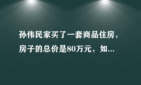 孙伟民家买了一套商品住房，房子的总价是80万元，如果一次性付清房款，就有九八折的优惠价。（1）打完折后，房子的总价是多少万元？（2）买房还要缴纳实际房价的1.5%的契税。买这套房子还须缴纳多少万元的契税？