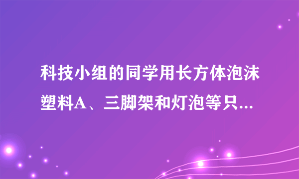 科技小组的同学用长方体泡沫塑料A、三脚架和灯泡等只做了一个航标灯模型(如图)，总重为4N，A底部与浮子B用细绳相连．水位上升时，浮子B下降；水位下降时，浮子B上升，使航标灯静止时A浸入水中的深度始终为5cm，排开水的质量为500g，浮子B重0.5N(不计绳重和绳与滑轮间的摩擦)(g=10N/kg)求：泡沫塑料A底部受到水的压强是多少．航标灯静止时，浮子B体积应为多大．