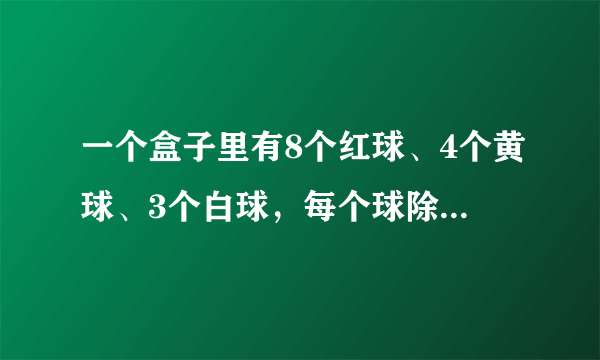 一个盒子里有8个红球、4个黄球、3个白球，每个球除颜色不同外，其它的没有区别，李明同学现在从盒子里任意摸出一个球，他摸到______球的可能性最大，他摸到白球的可能性是______(此处必须填最简分数).