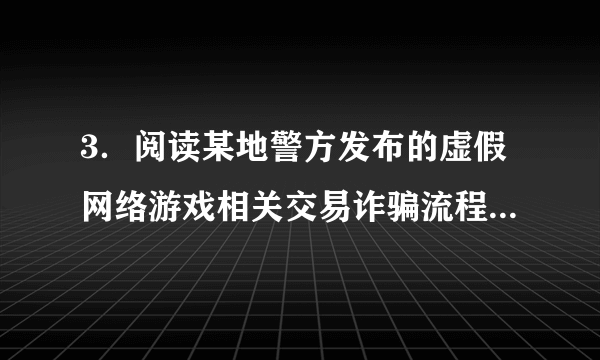 3．阅读某地警方发布的虚假网络游戏相关交易诈骗流程图，根据要求完成题目。（1）在虚假网络游戏相关交易诈骗过程中，玩家在QQ客服指挥下充值购买物品或服务后，一般会出现什么情况。（2）根据相关流程，给广大网络游戏玩家提两条防诈骗建议。