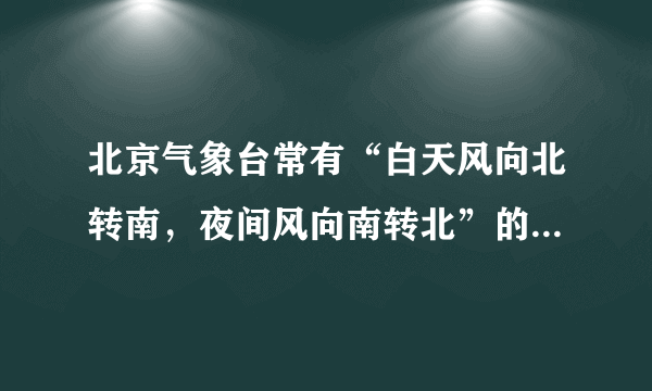 北京气象台常有“白天风向北转南，夜间风向南转北”的天气预报，指的是北京北部山区和平原地区之间风向昼夜相反的变化。关于该地区夜间的气流运动方向，下列图示正确的是（  ）A．B．C．D．