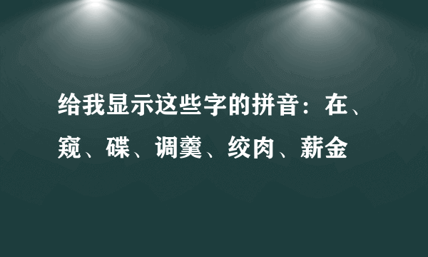 给我显示这些字的拼音：在、窥、碟、调羹、绞肉、薪金